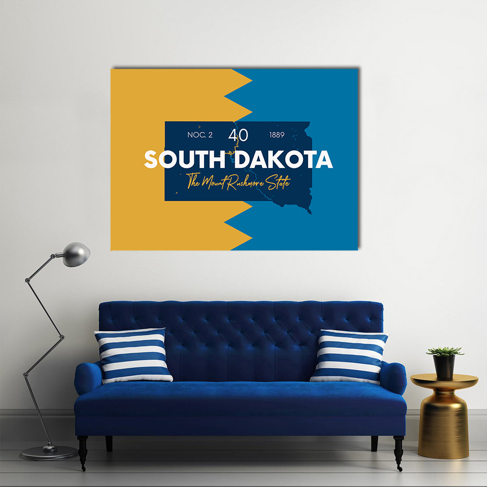 South Dakota State Map Canvas Wall Art in yellow, blue and navy, single panel hung on a wall