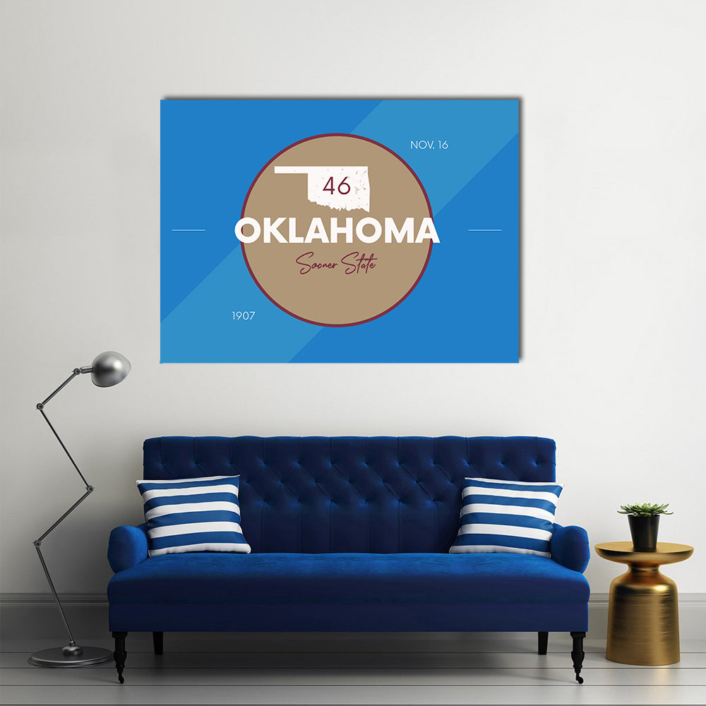 Oklahoma State Map Emblem Canvas Wall Art in white, brown and blue, single panel hung on a wall