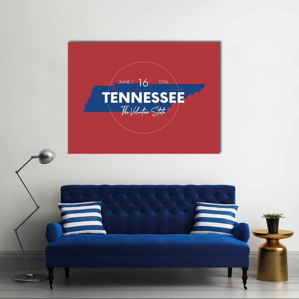 Tennessee State Map with Typography Canvas Wall Art in white, red and blue, single panel hung on a wall