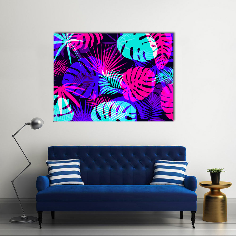 Neon Tropical Leaves Pattern Canvas Wall Art