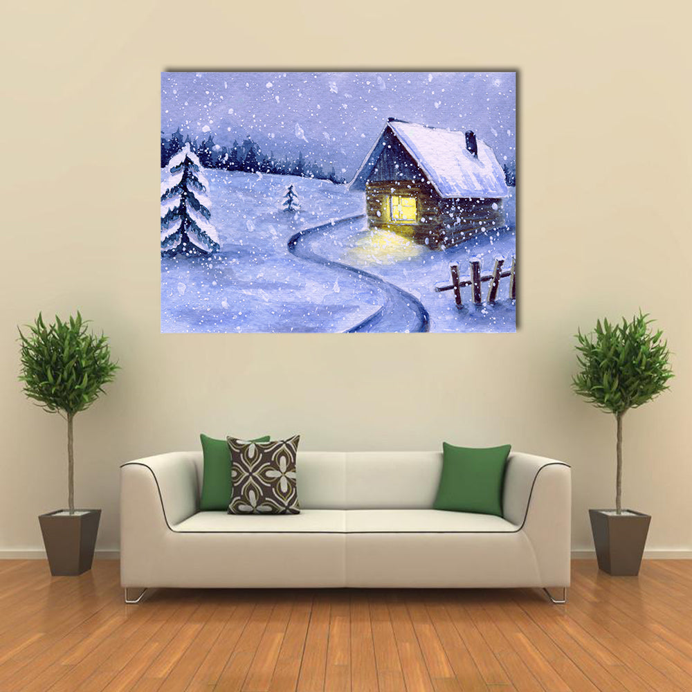 Snowy Cabin with Winding Path Canvas Wall Art