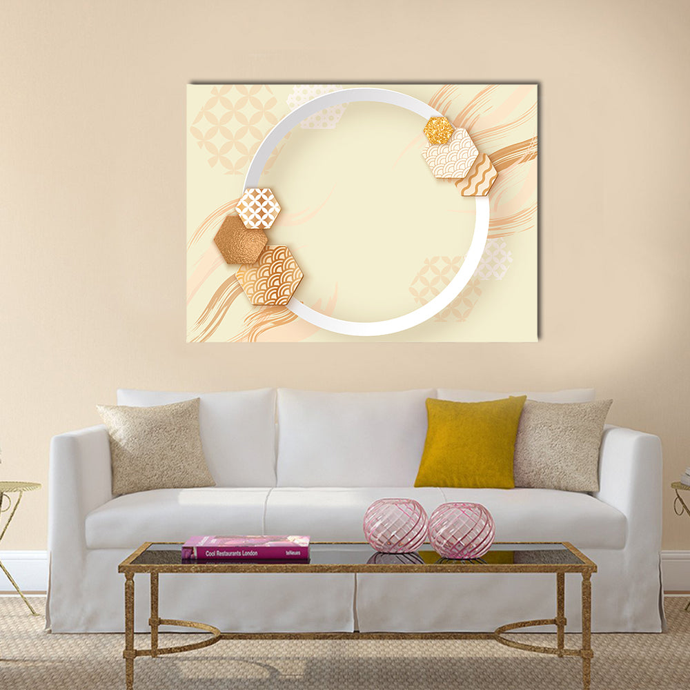 Zen Gold Circle with Pattern Canvas Wall Art in white, beige and gold, single panel hung on a wall