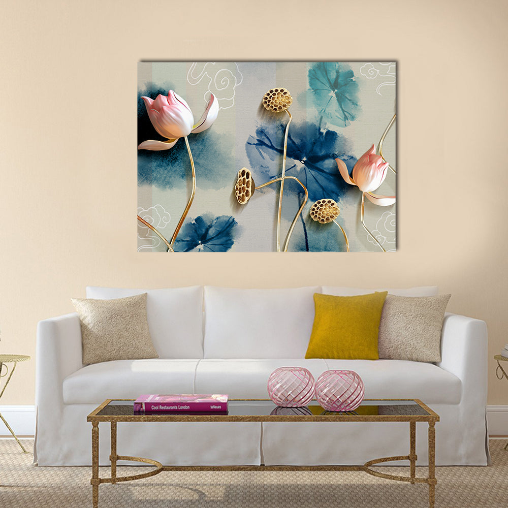 Lotus Garden Illustration with Gold Accents Canvas Wall Art