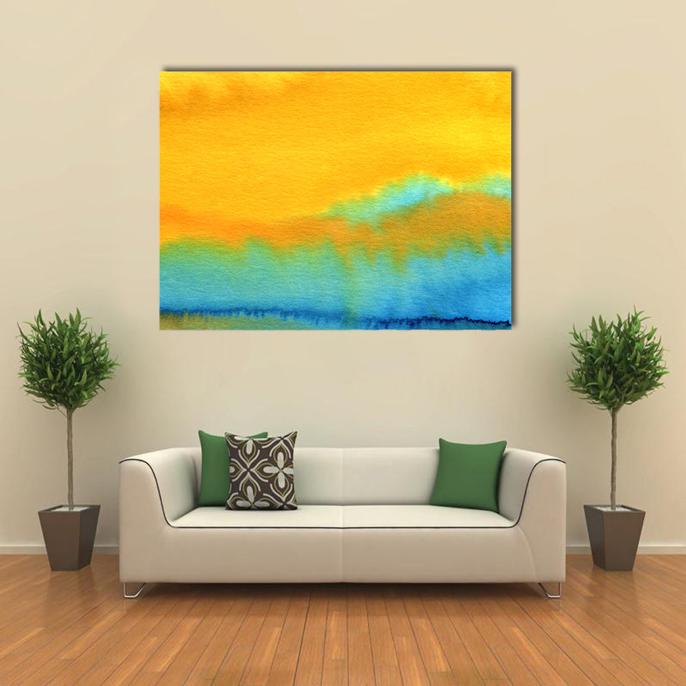 Modern Aquarelle Abstract Canvas Wall Art in yellow, green and blue, single panel hung on a wall