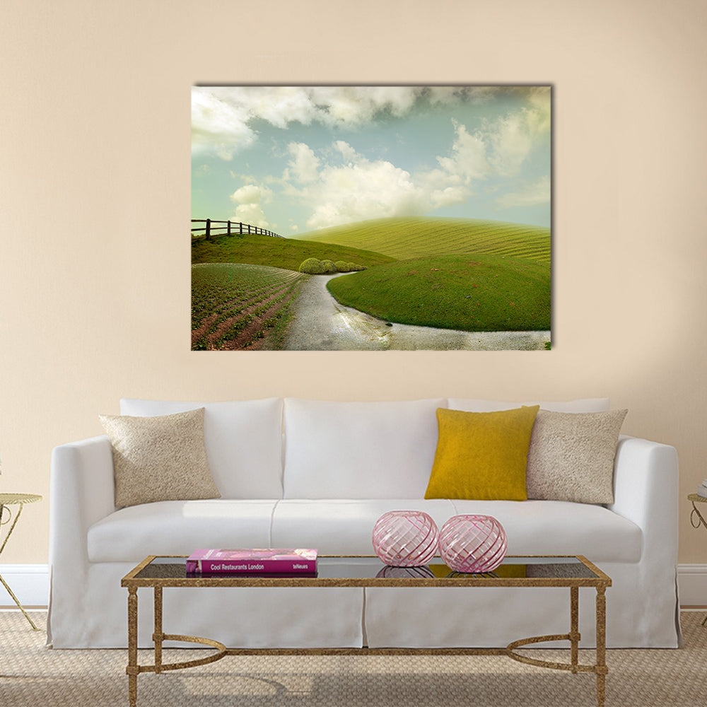 Winding Path Through Rolling Green Hills Canvas Wall Art in white, green and blue, single panel hung on a wall