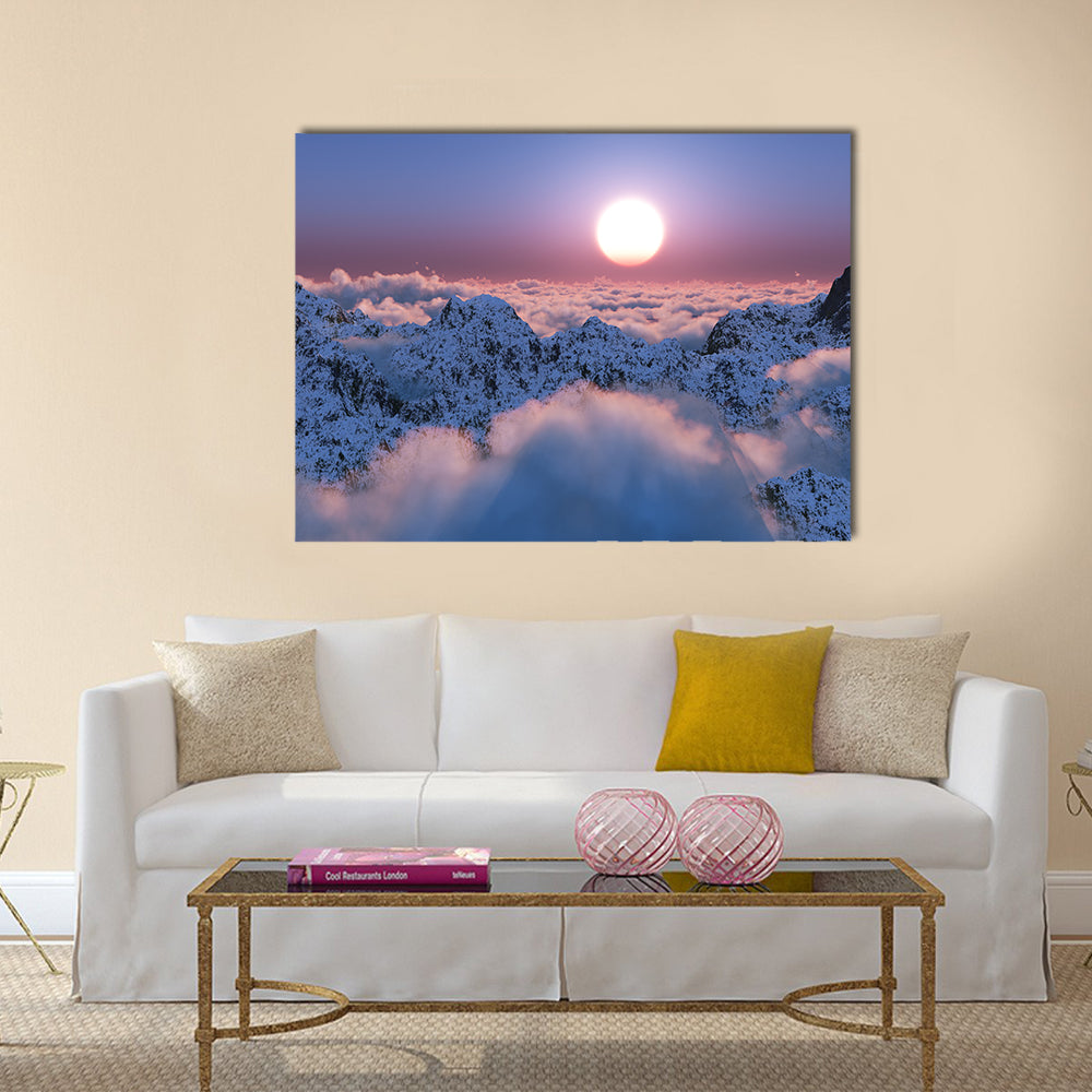 Scenic Mountain Sunset Canvas Wall Art in blue, purple and pink, single panel hung on a wall
