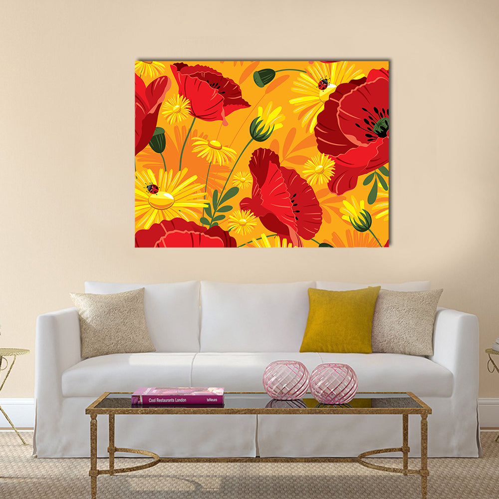 Poppies and Daisies with Ladybugs Canvas Wall Art