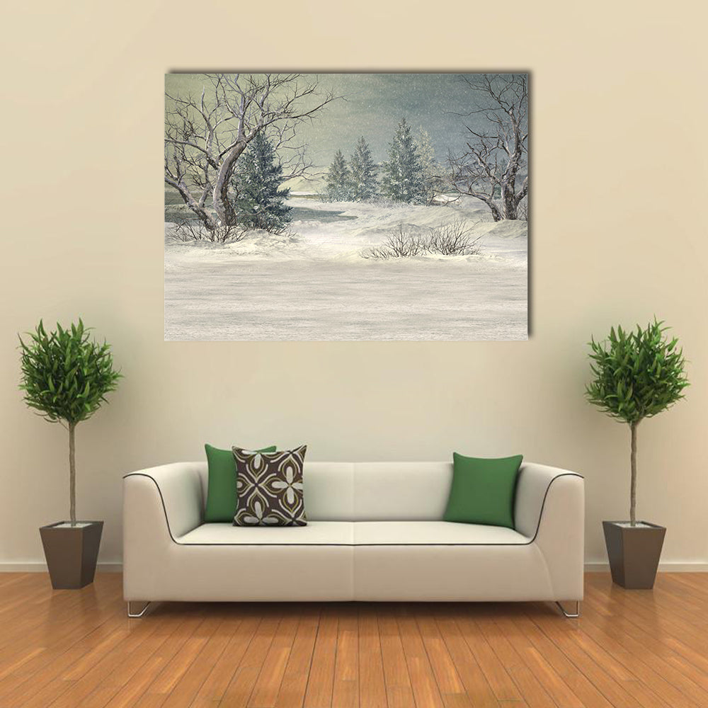 Serene Winter Forest Canvas Wall Art in white and gray, single panel hung on a wall