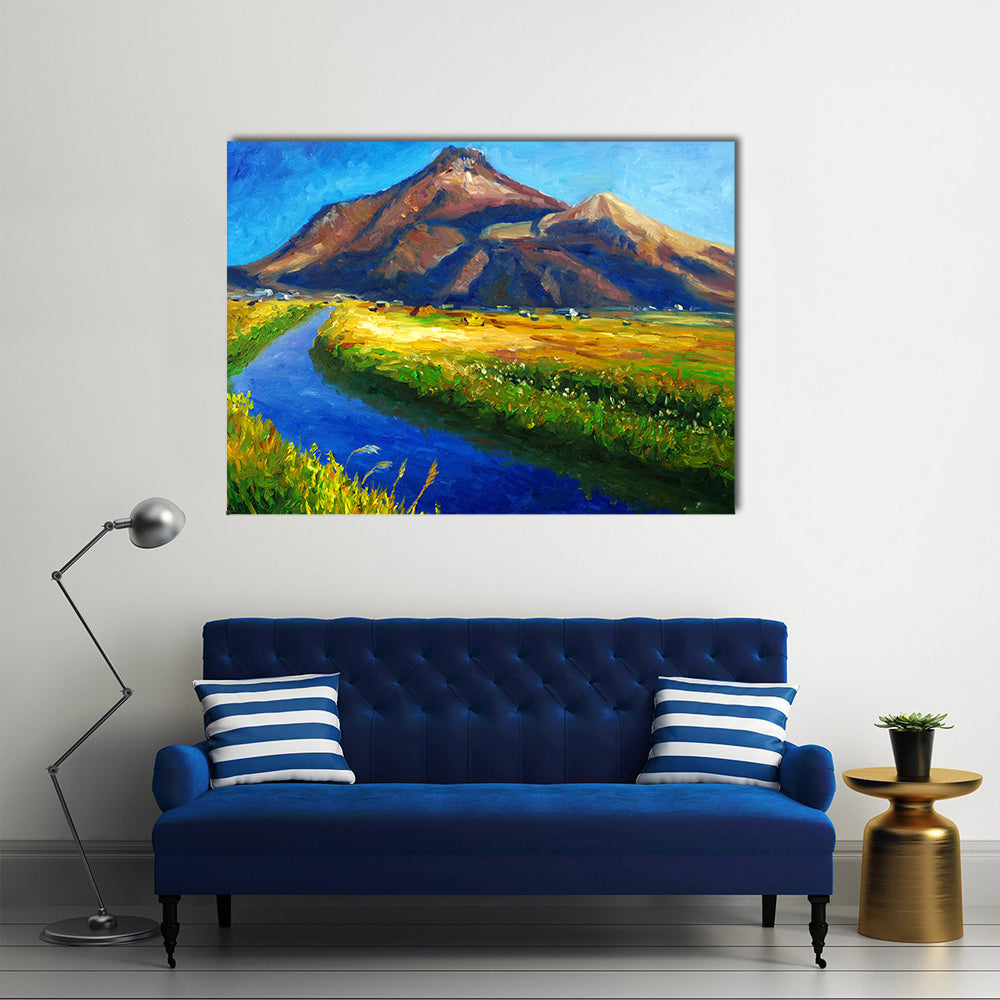 Jagged Mountain with Winding River Canvas Wall Art in brown, yellow and blue, single panel hung on a wall
