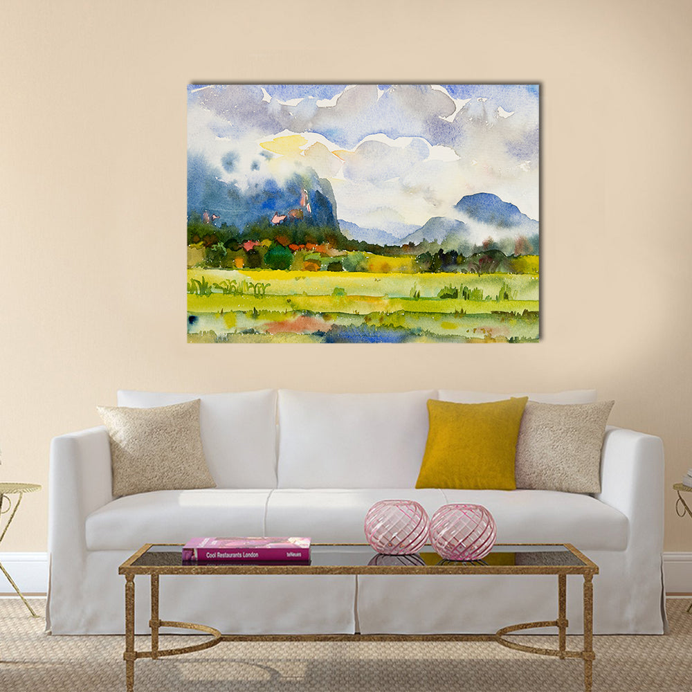 Watercolor Countryside Meadow Canvas Wall Art in yellow, green and blue, single panel hung on a wall