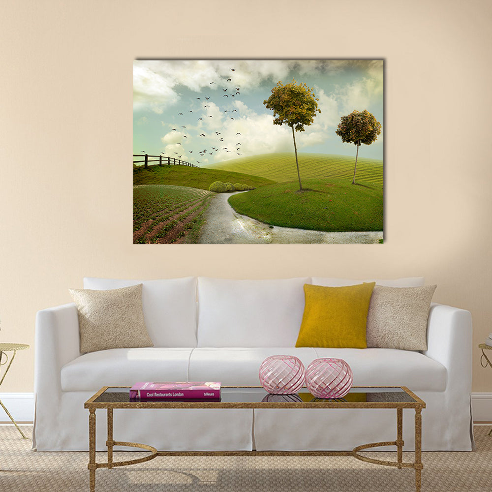 Winding Path Through Surreal Green Hills Canvas Wall Art in white, yellow and green, single panel hung on a wall
