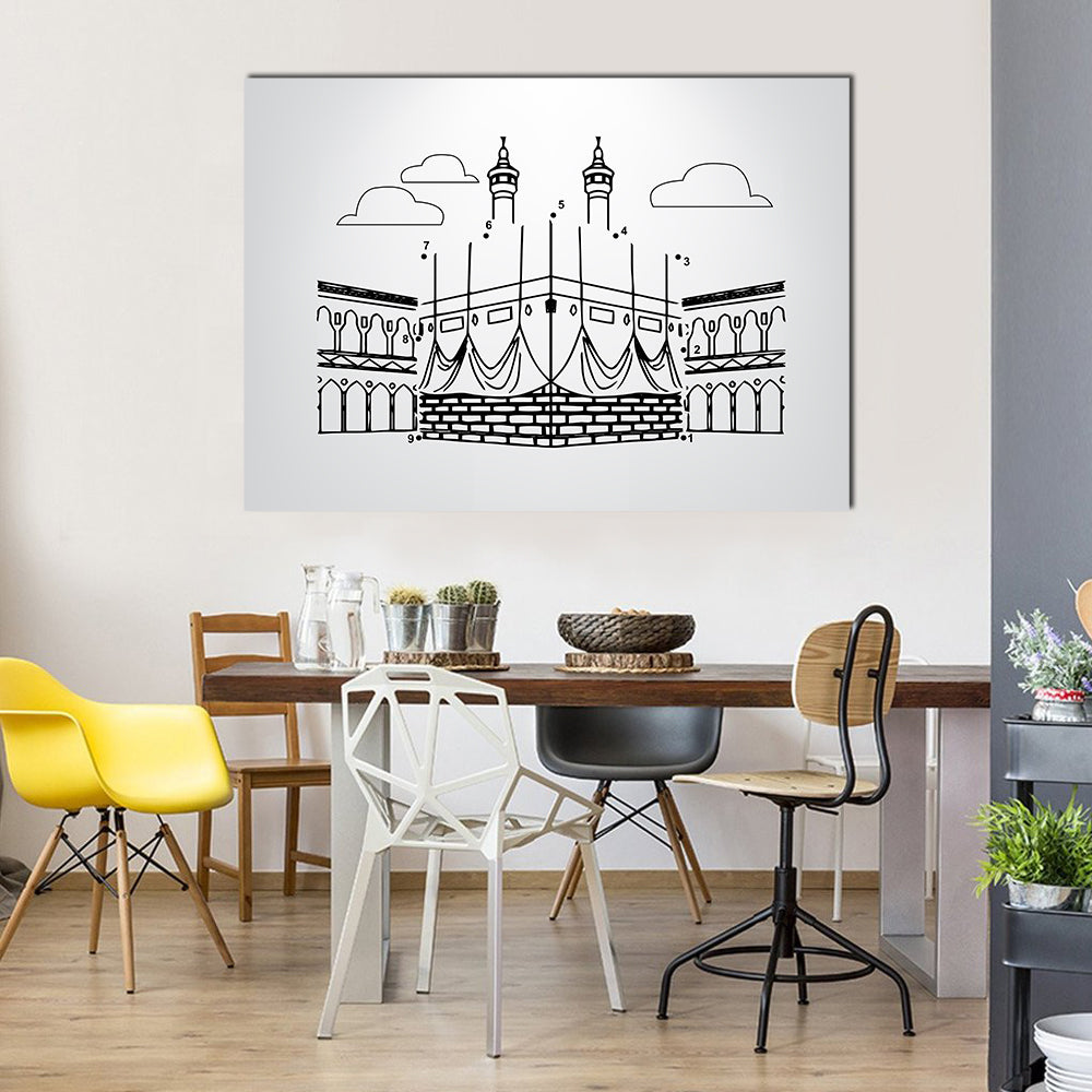 Kaaba Numbered Dot Puzzle Illustration Canvas Wall Art in black and white, single panel hung on a wall