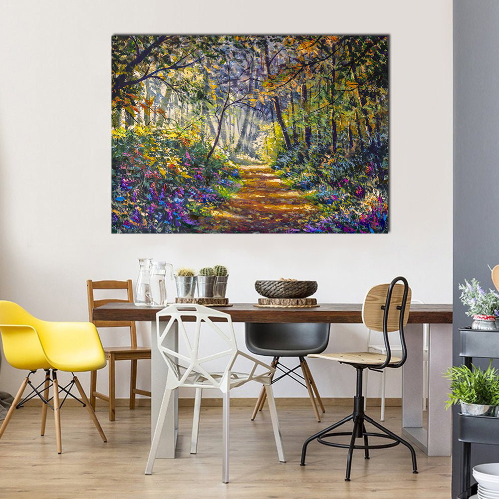 Sunlit Forest Path with Wildflowers Canvas Wall Art