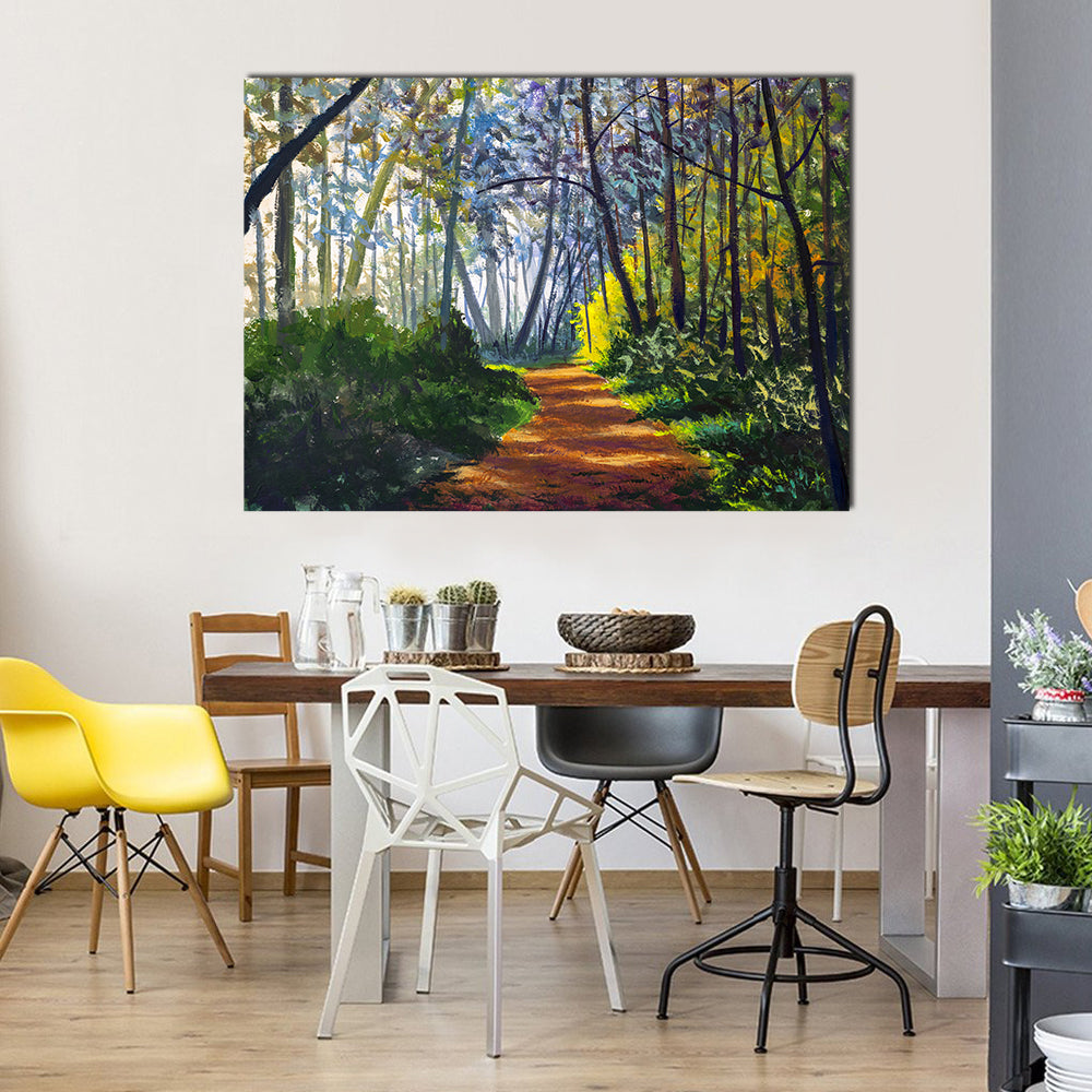 Sunlit Forest Path in Park Canvas Wall Art in brown, yellow and green, single panel hung on a wall