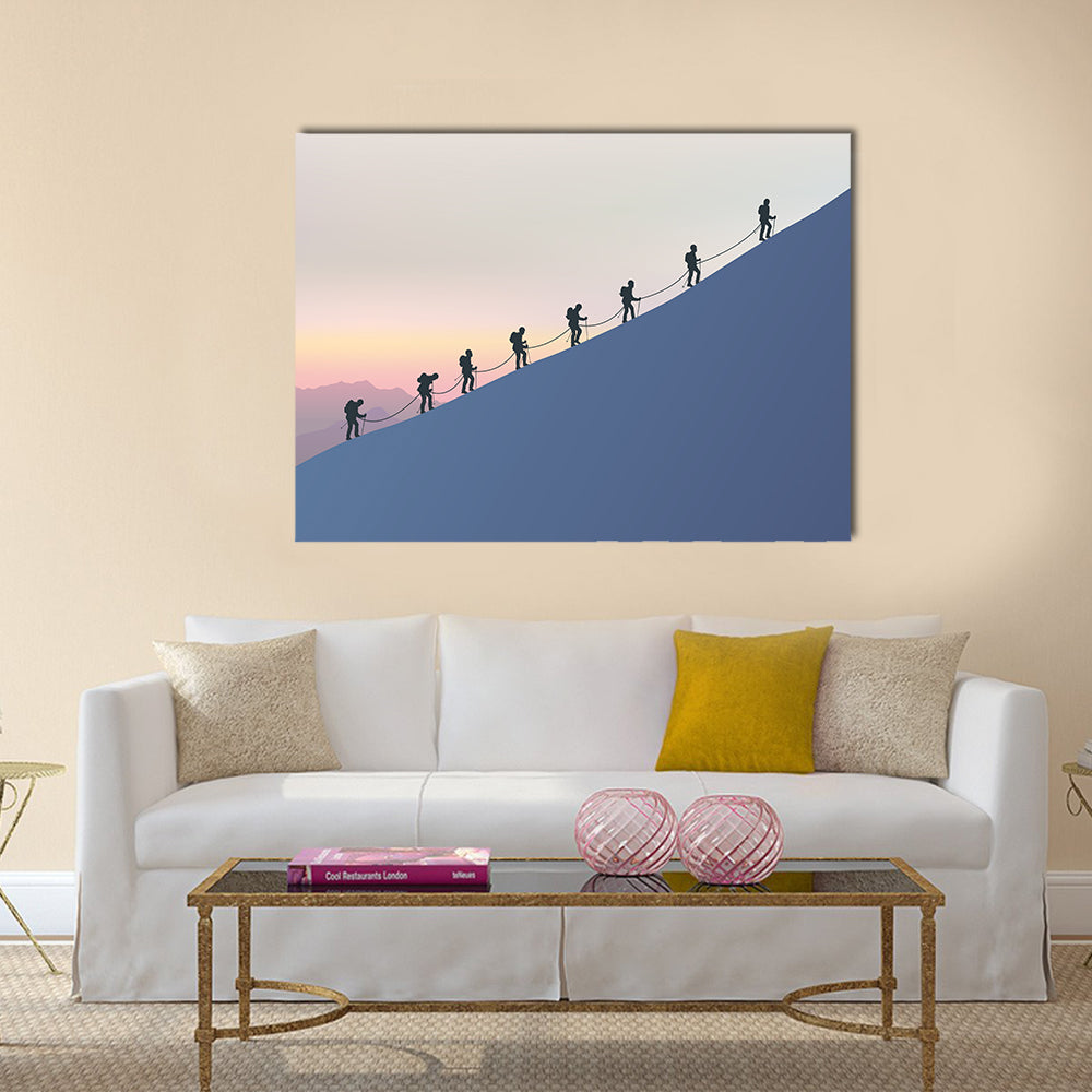 Roped Mountaineers on Slanted Blue Slope Canvas Wall Art in black, white and blue, single panel hung on a wall