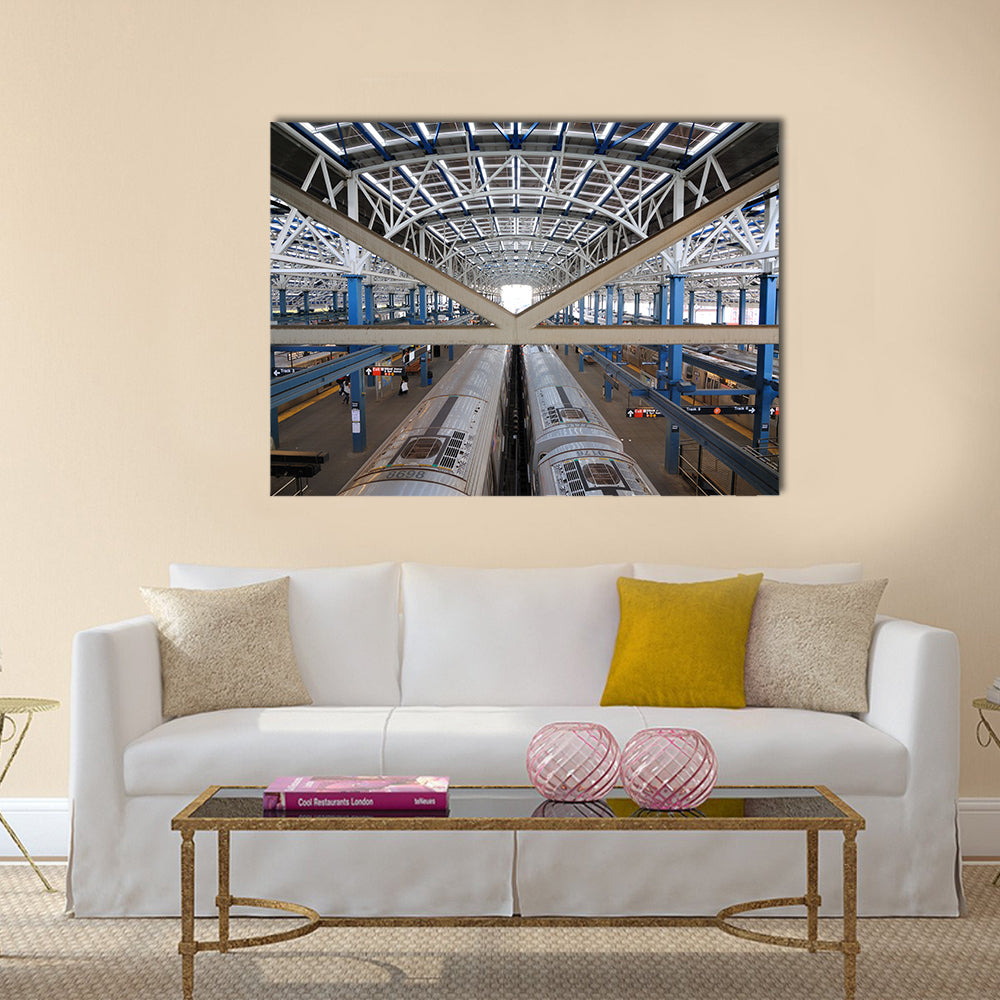 Stillwell Avenue Subway Station, Coney Island Canvas Wall Art in white, silver and blue, single panel hung on a wall