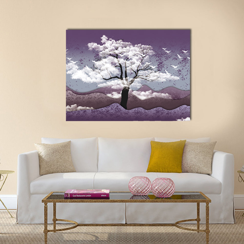 Cloud-leaf Tree Over Misty Lavender Hills Canvas Wall Art