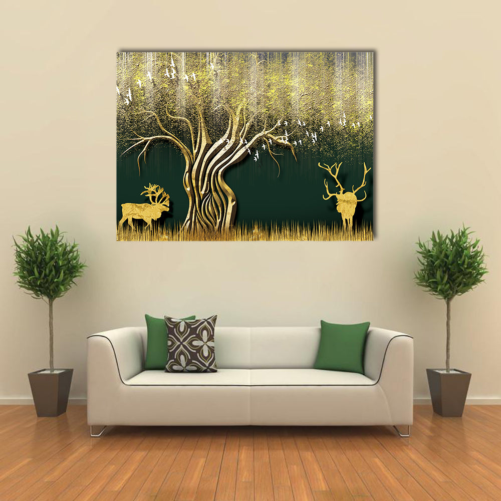 Abstract Golden Tree and Deer Silhouettes Canvas Wall Art in black, gold and green, single panel hung on a wall