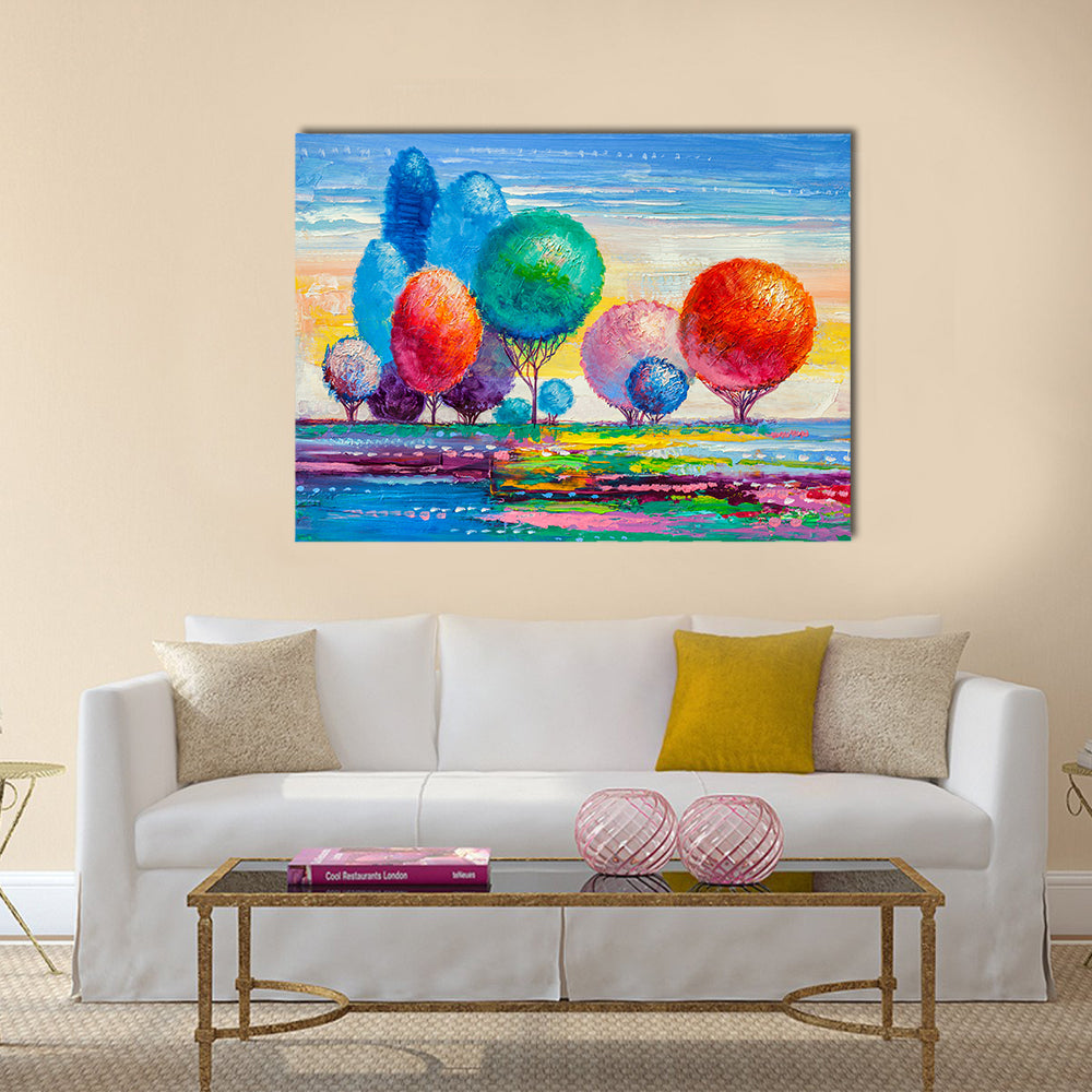 Colorful Autumn Meadow with Stylized Trees Canvas Wall Art in orange, blue and multicolor, single panel hung on a wall