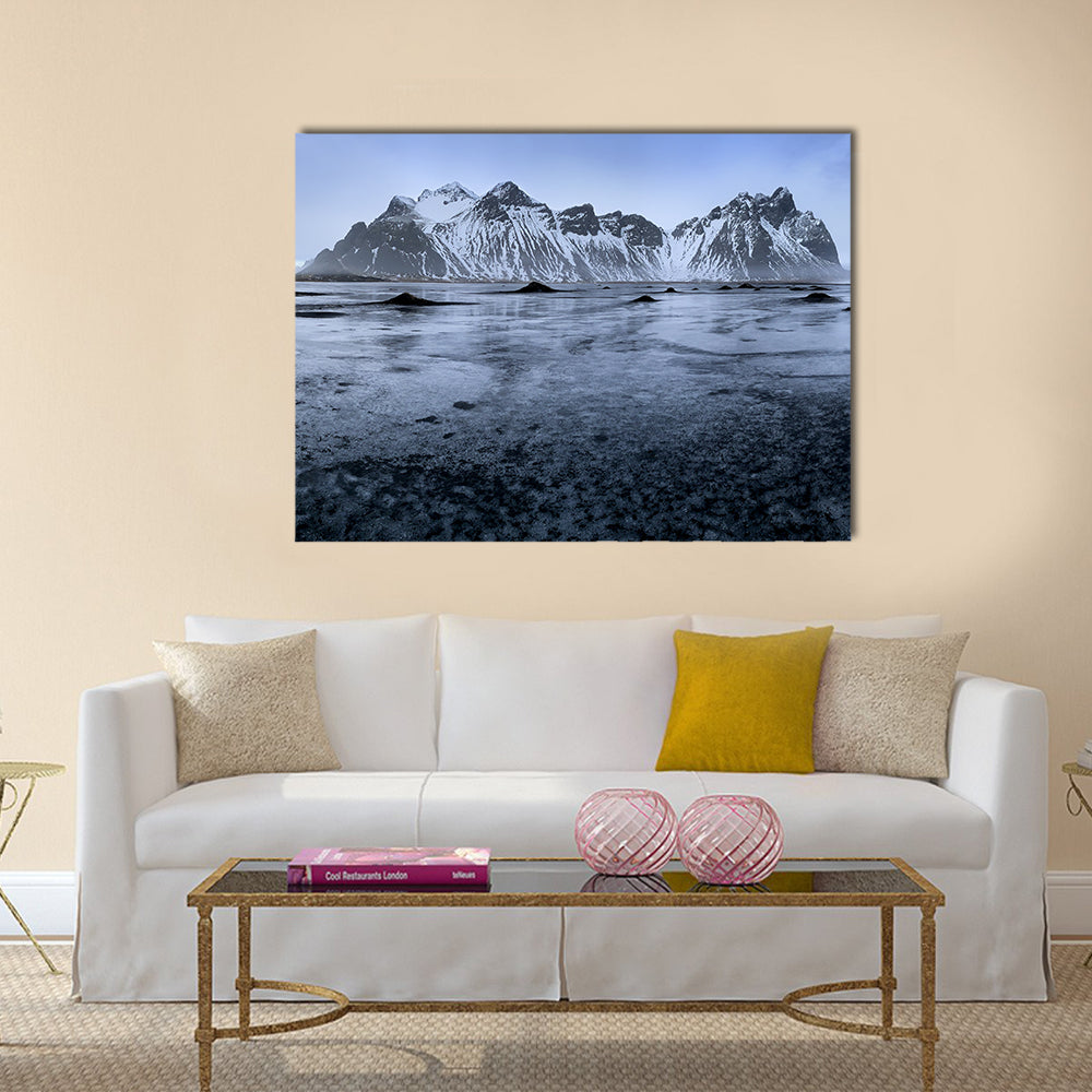 Sand Dunes At Stoksnes Beach In Iceland Canvas Wall Art in black, gray and blue, single panel hung on a wall