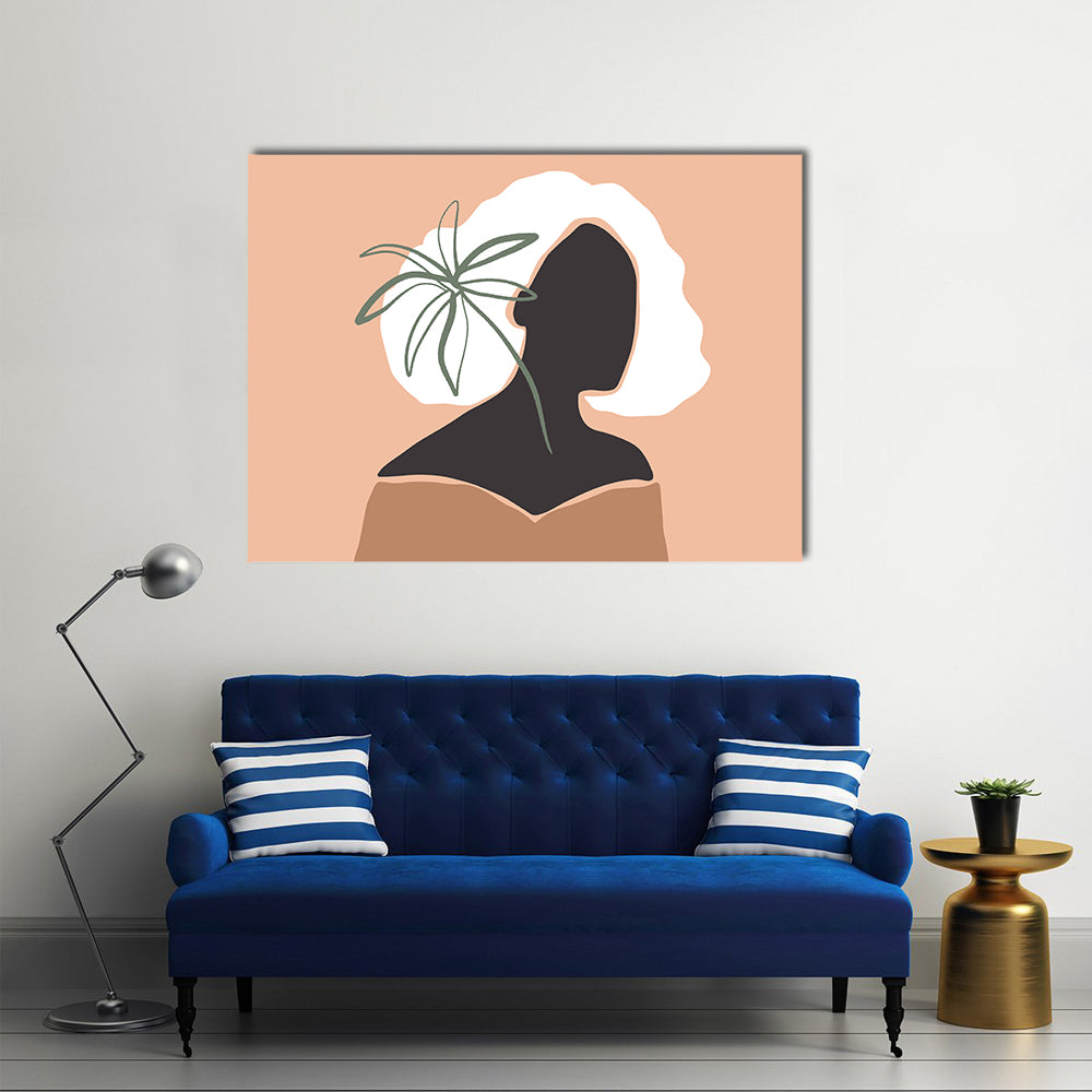 Pastel Terracotta Female Silhouette with Palm Leaf Canvas Wall Art in black, orange and pink, single panel hung on a wall
