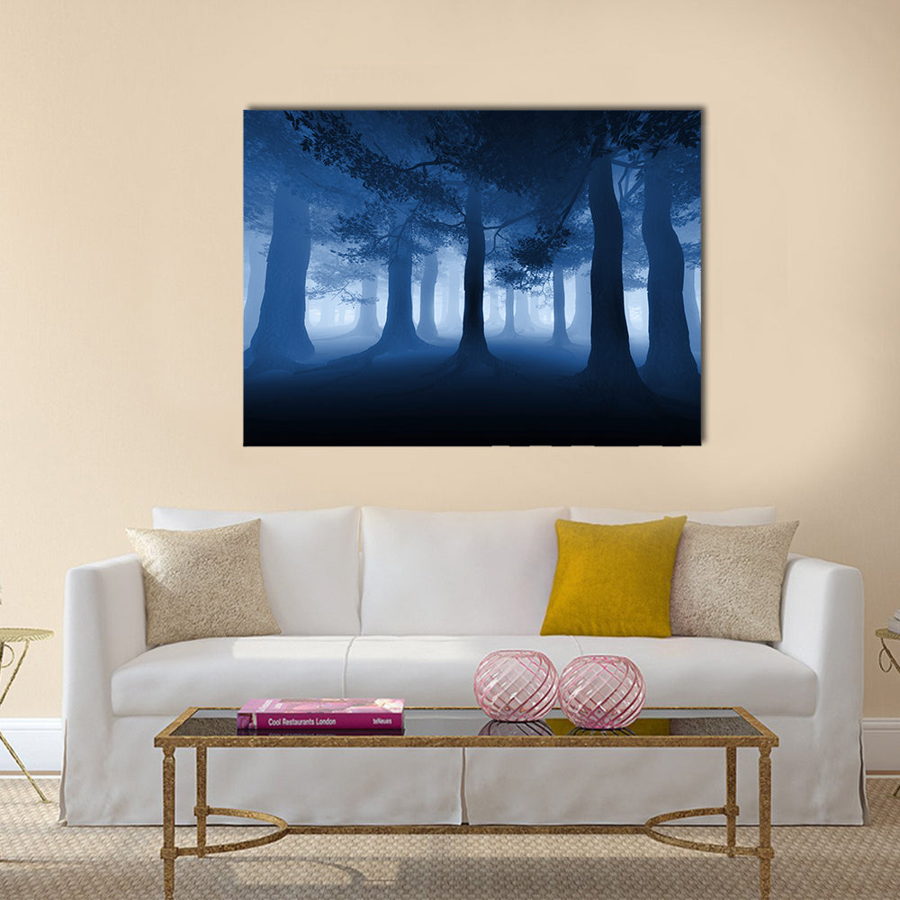 Dark Blue Forest With A Ray Of Light Canvas Wall Art