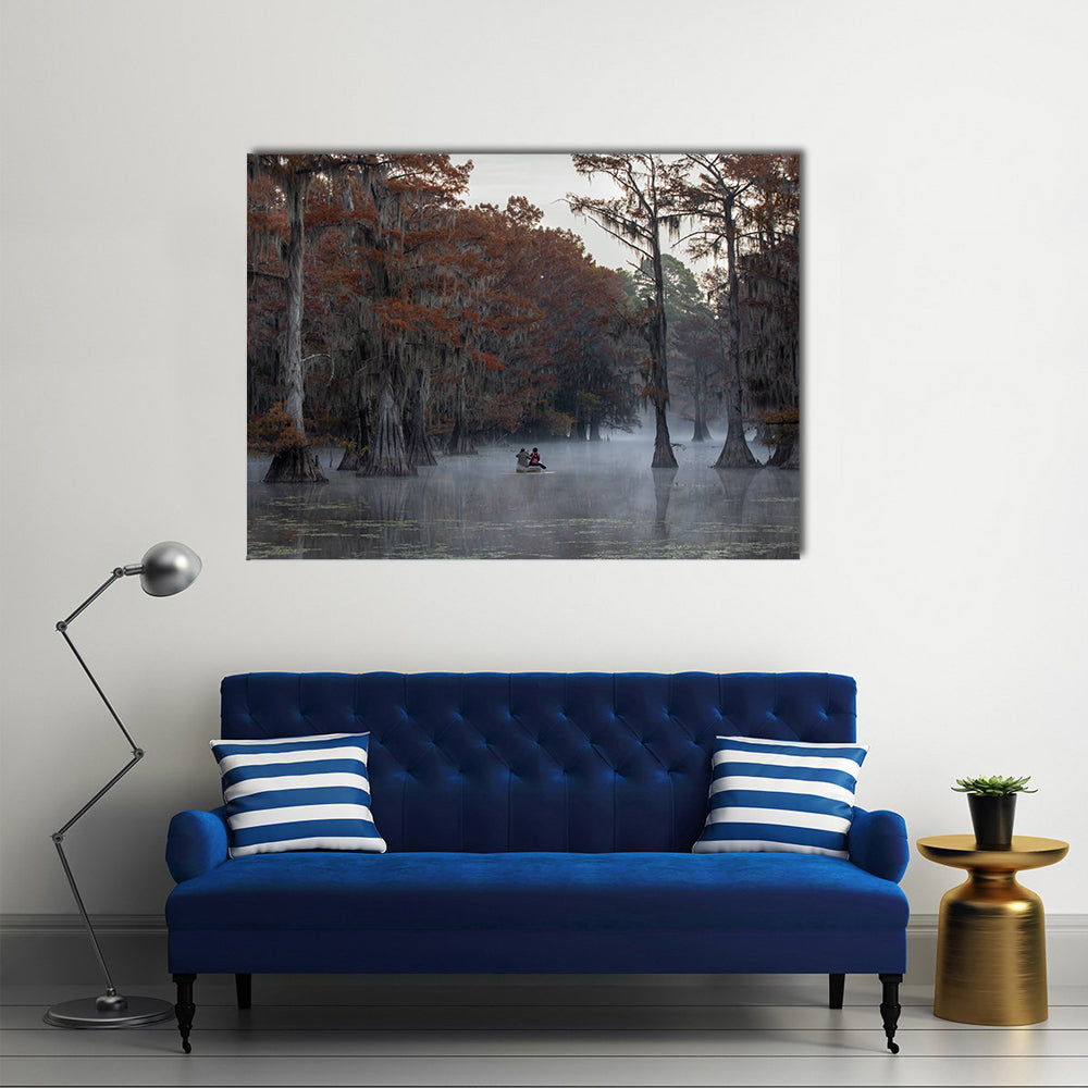 Couple Canoing At Caddo Lake In Texas Louisiana Canvas Wall Art