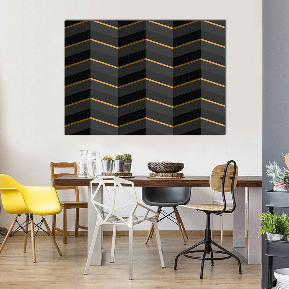 Black and Gold Striped Geometric Canvas Wall Art in black, gray and gold, single panel hung on a wall