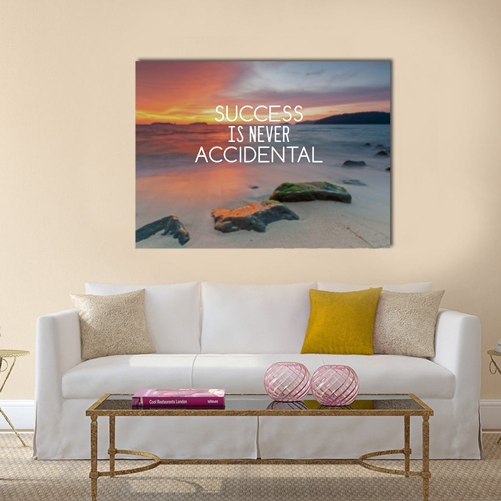 Success Is Never Accidental Beach Quote Canvas Wall Art in beige, orange and blue, single panel hung on a wall