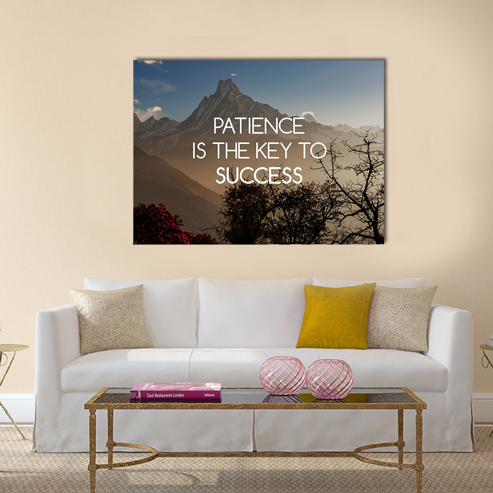 Patience Is the Key to Success Canvas Wall Art in gray, brown and blue, single panel hung on a wall