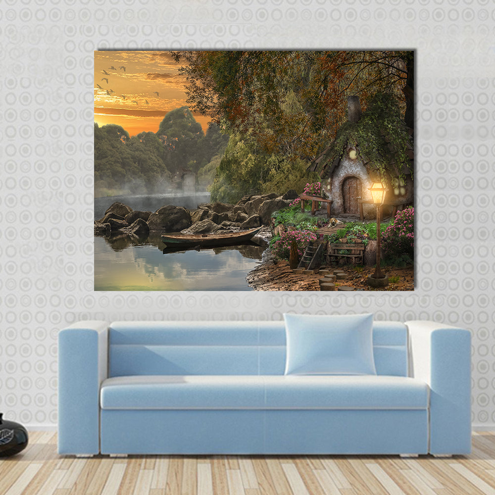 Fairy House on the Lake Canvas Wall Art in brown, orange and green, single panel hung on a wall