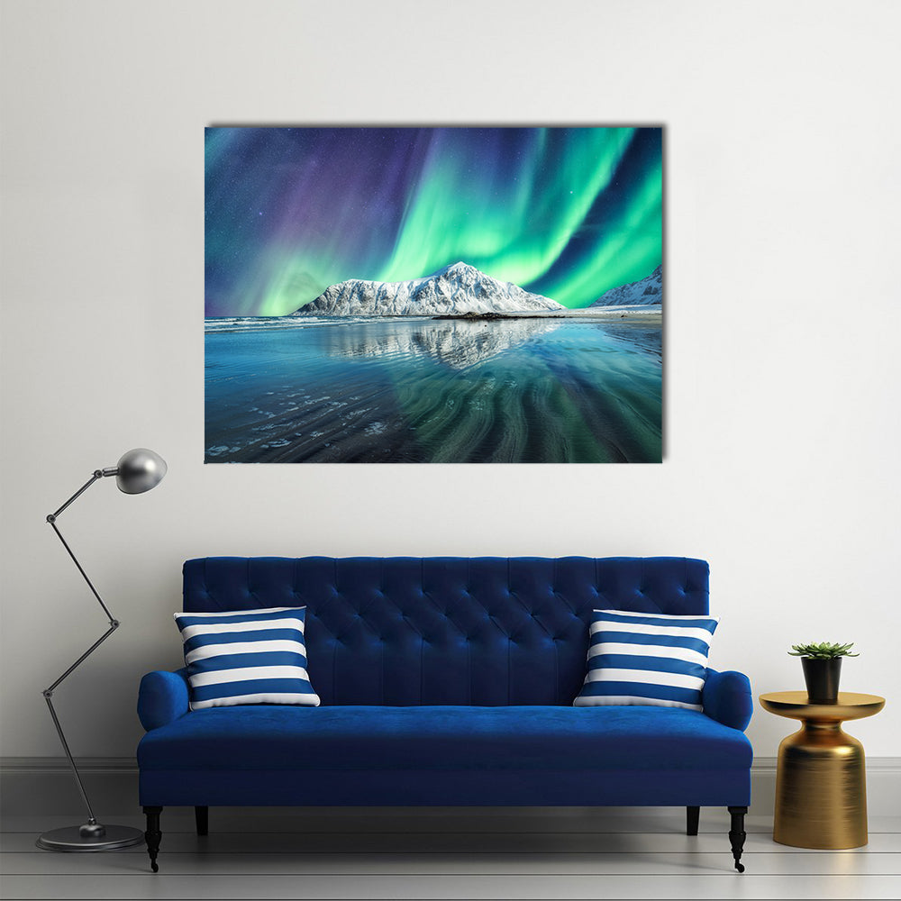 Northern Lights On Snowy Mountain In Lofoten Islands Canvas Wall Art
