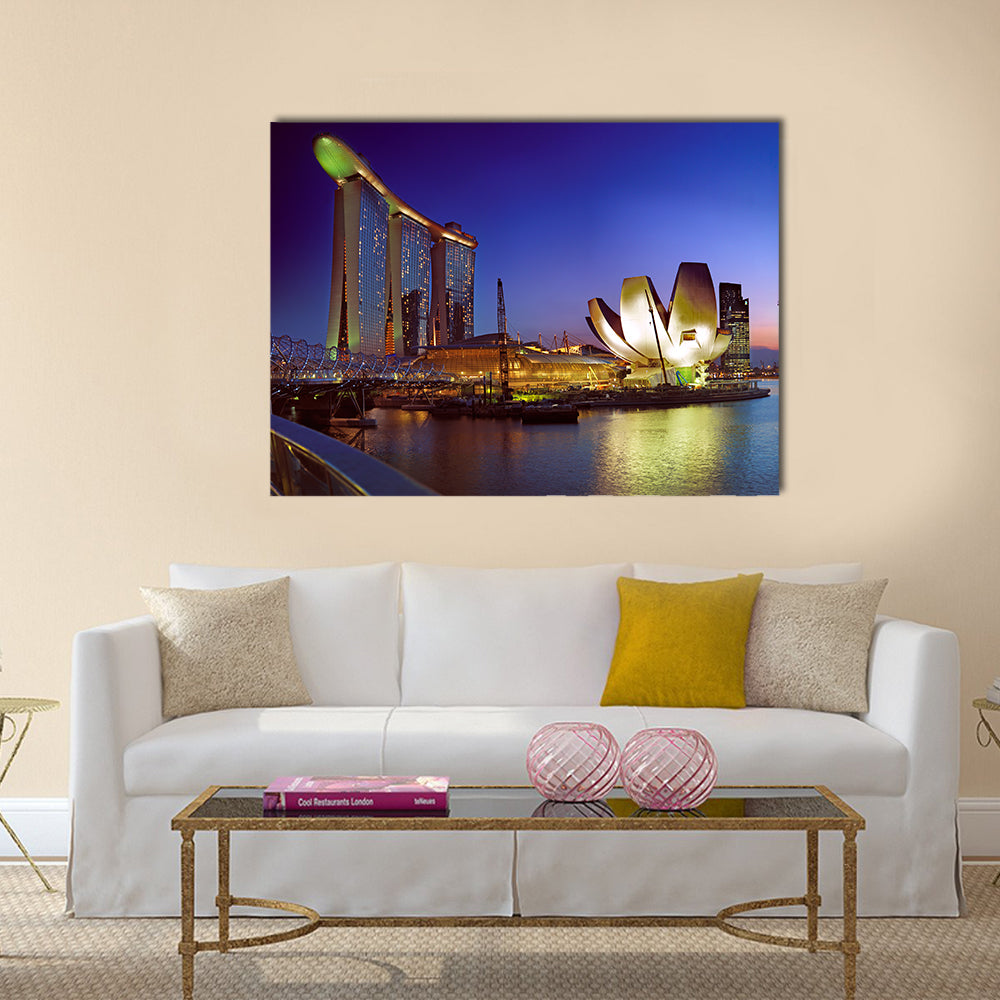 Singapore Skyline at Twilight Canvas Wall Art in yellow, blue and purple, single panel hung on a wall