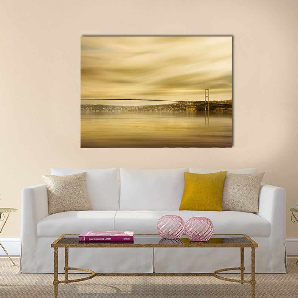 Bosphorus Bridge In Istanbul Canvas Wall Art in beige, brown and gold, single panel hung on a wall