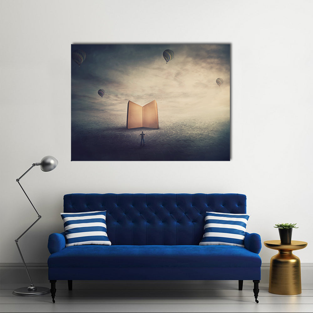 Monolithic Glowing Book Over Parched Desert Canvas Wall Art in gray, beige and orange, single panel hung on a wall
