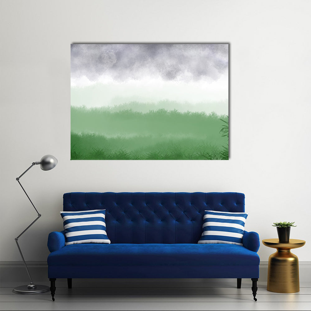 Misty Green Field with Rolling Hills Canvas Wall Art in white, gray and green, single panel hung on a wall