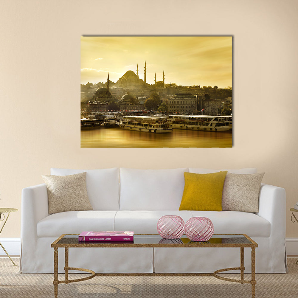 Suleymaniye Mosque Golden Horn In Istanbul Turkey Canvas Wall Art in brown, gold and yellow, single panel hung on a wall