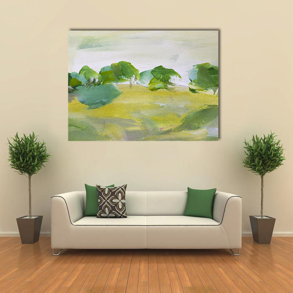 Summer Oil Painting Artwork Canvas Wall Art in beige, yellow and green, single panel hung on a wall