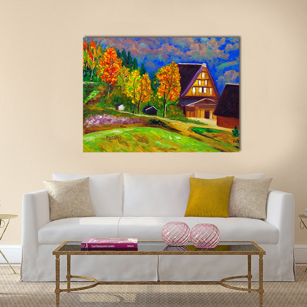 Autumn Gassho-zukuri Village with Glowing Windows Canvas Wall Art