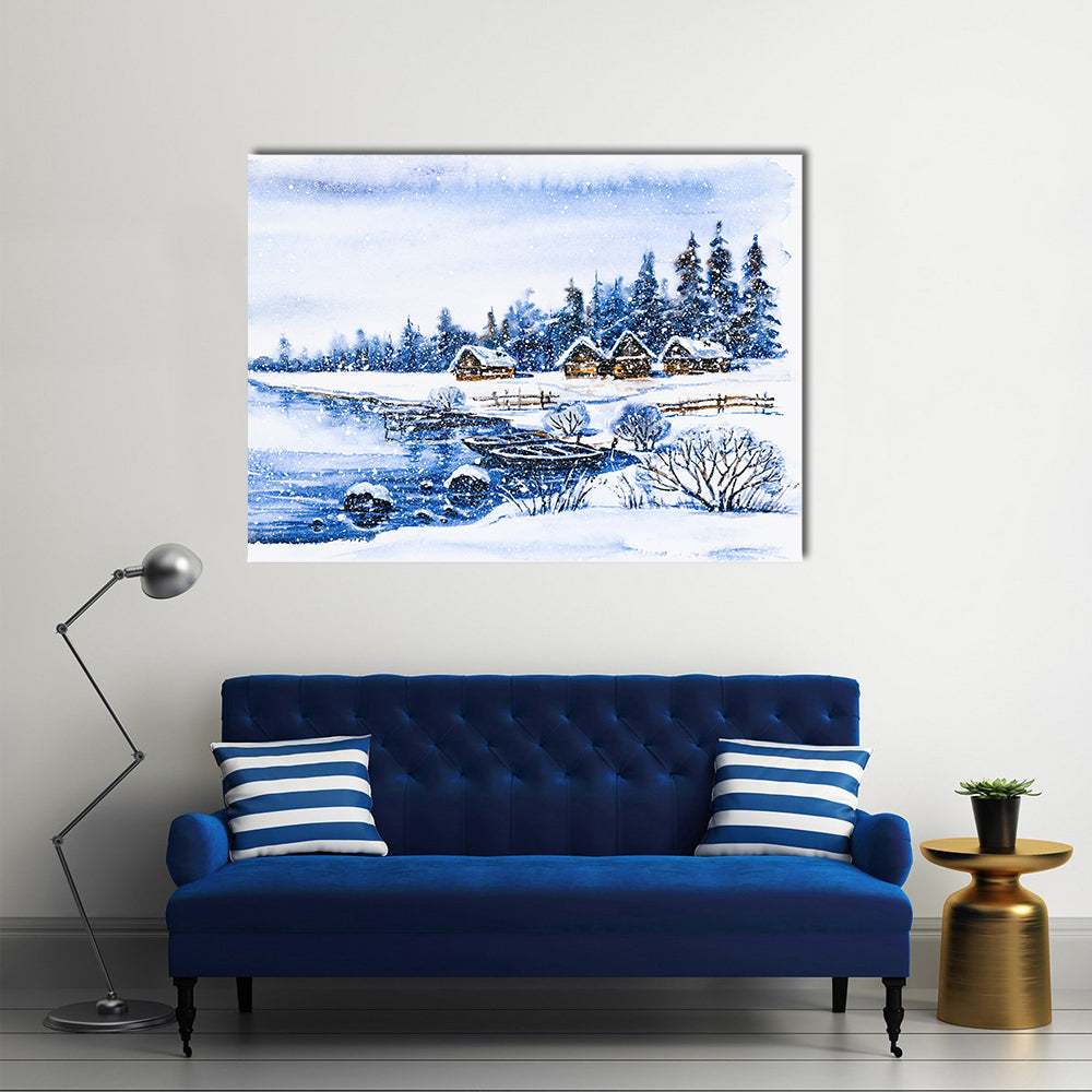 Frozen Winter Village Canvas Wall Art in white and blue, single panel hung on a wall