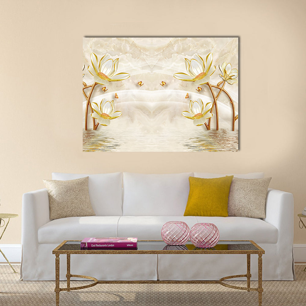 Gold-edged Lotus and Butterflies Illustration Canvas Wall Art in white, beige and gold, single panel hung on a wall
