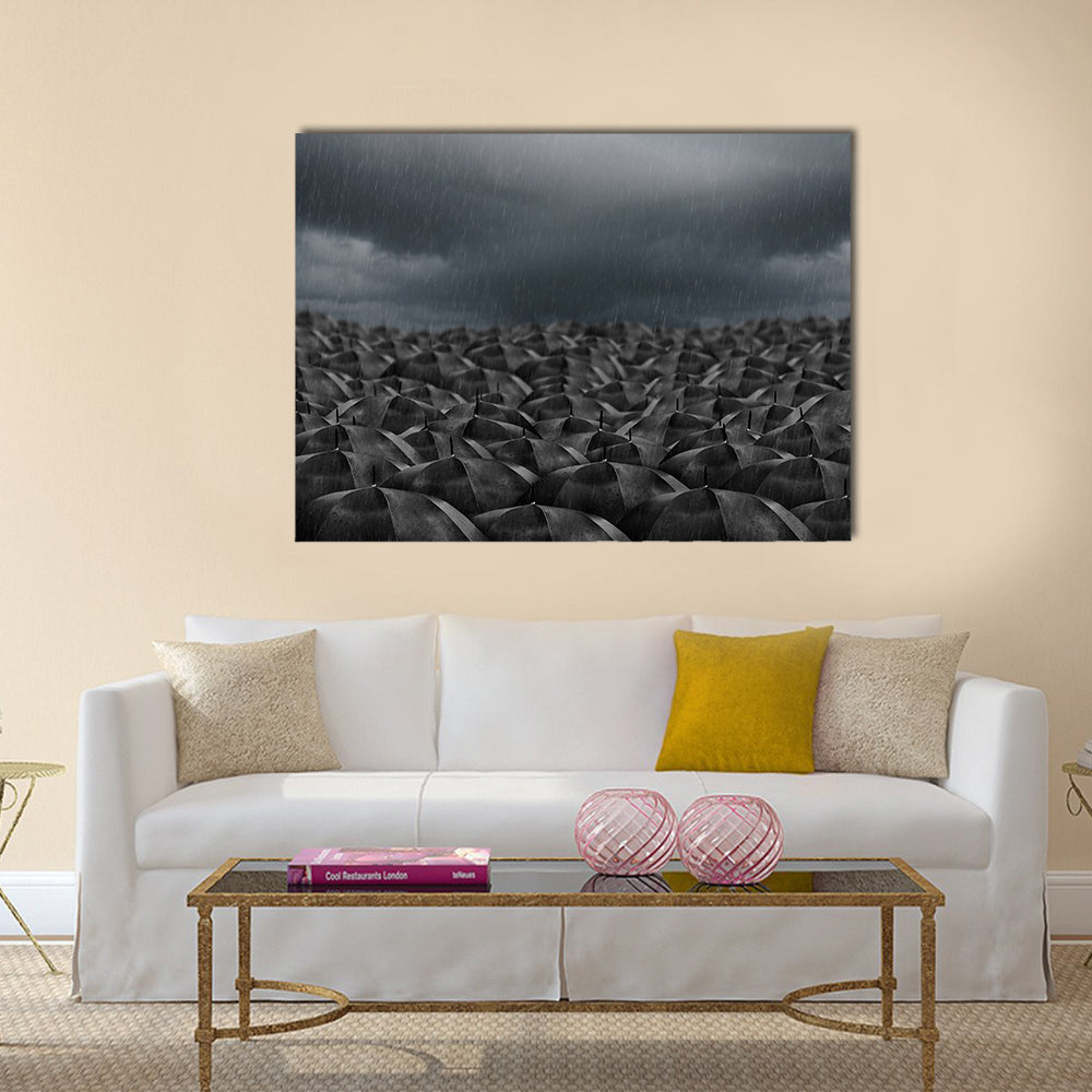 Umbrellas in the Rain Canvas Wall Art in black and gray, single panel hung on a wall