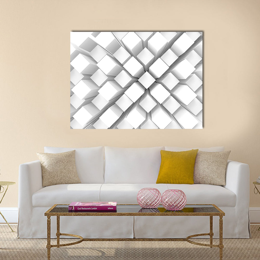 Stacked White Geometric Blocks Canvas Wall Art in white and gray, single panel hung on a wall