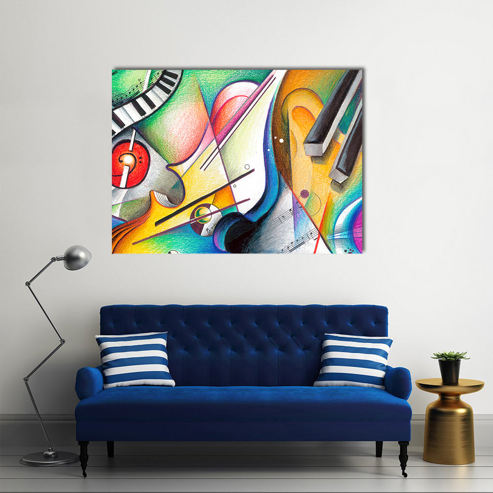 Hand-drawn Musical Abstraction Canvas Wall Art in yellow, green and multicolor, single panel hung on a wall