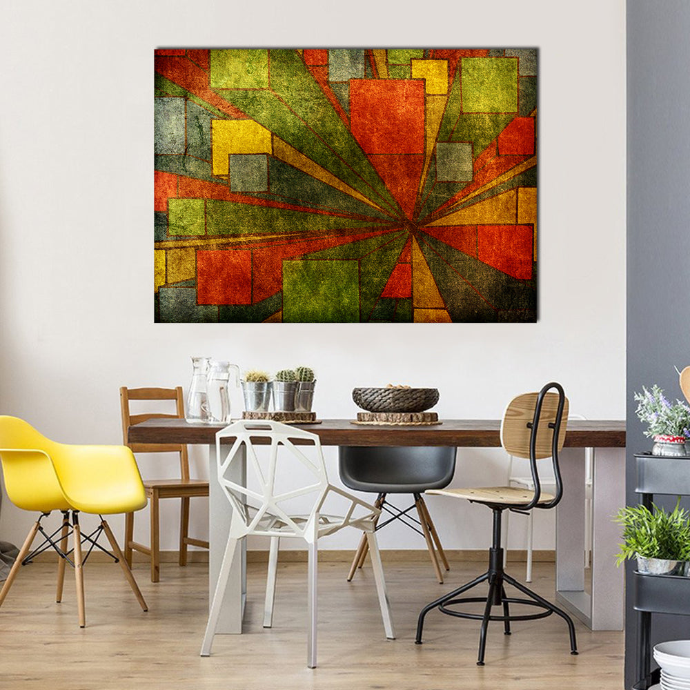 Grunge Geometric Radial Abstract Canvas Wall Art in red, yellow and green, single panel hung on a wall