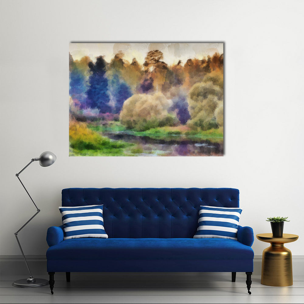 Autumn Watercolor Forest with River Canvas Wall Art in orange, yellow and green, single panel hung on a wall