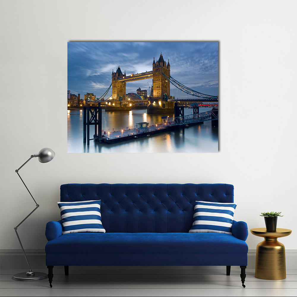 Tower Bridge on the River Thames Canvas Wall Art in gray, yellow and blue, single panel hung on a wall