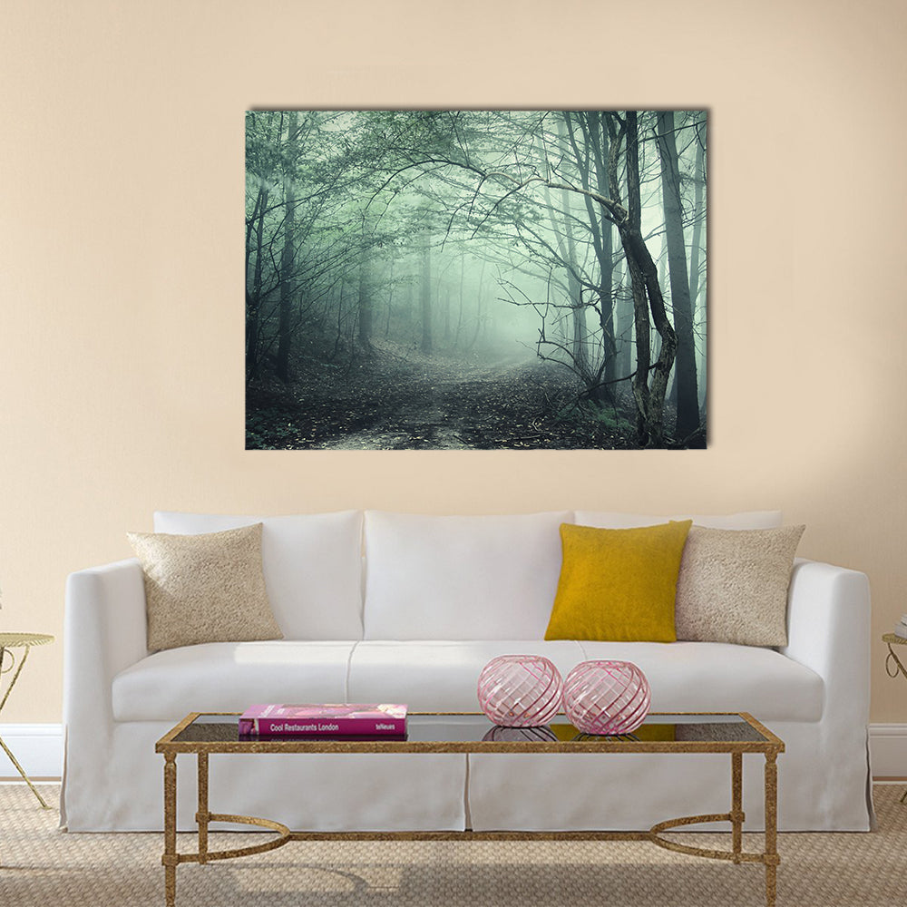 Foggy Forest Pathway Canvas Wall Art in black, gray and green, single panel hung on a wall