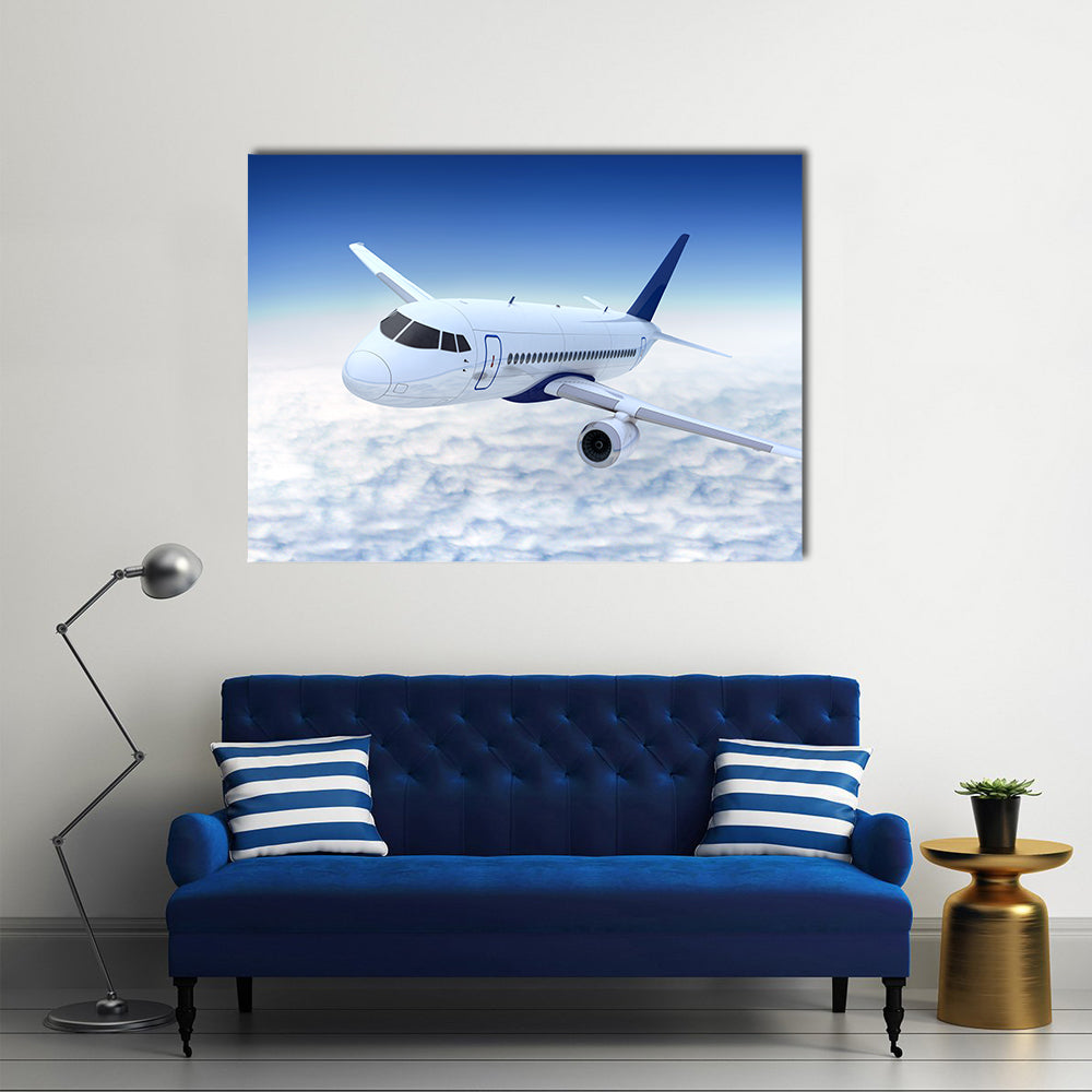 White Jet Banking Above Cumulus Clouds Canvas Wall Art