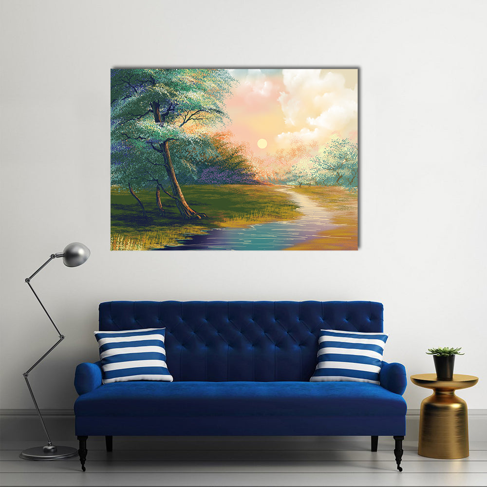 Winding River at Spring Sunset Canvas Wall Art in yellow, green and pink, single panel hung on a wall